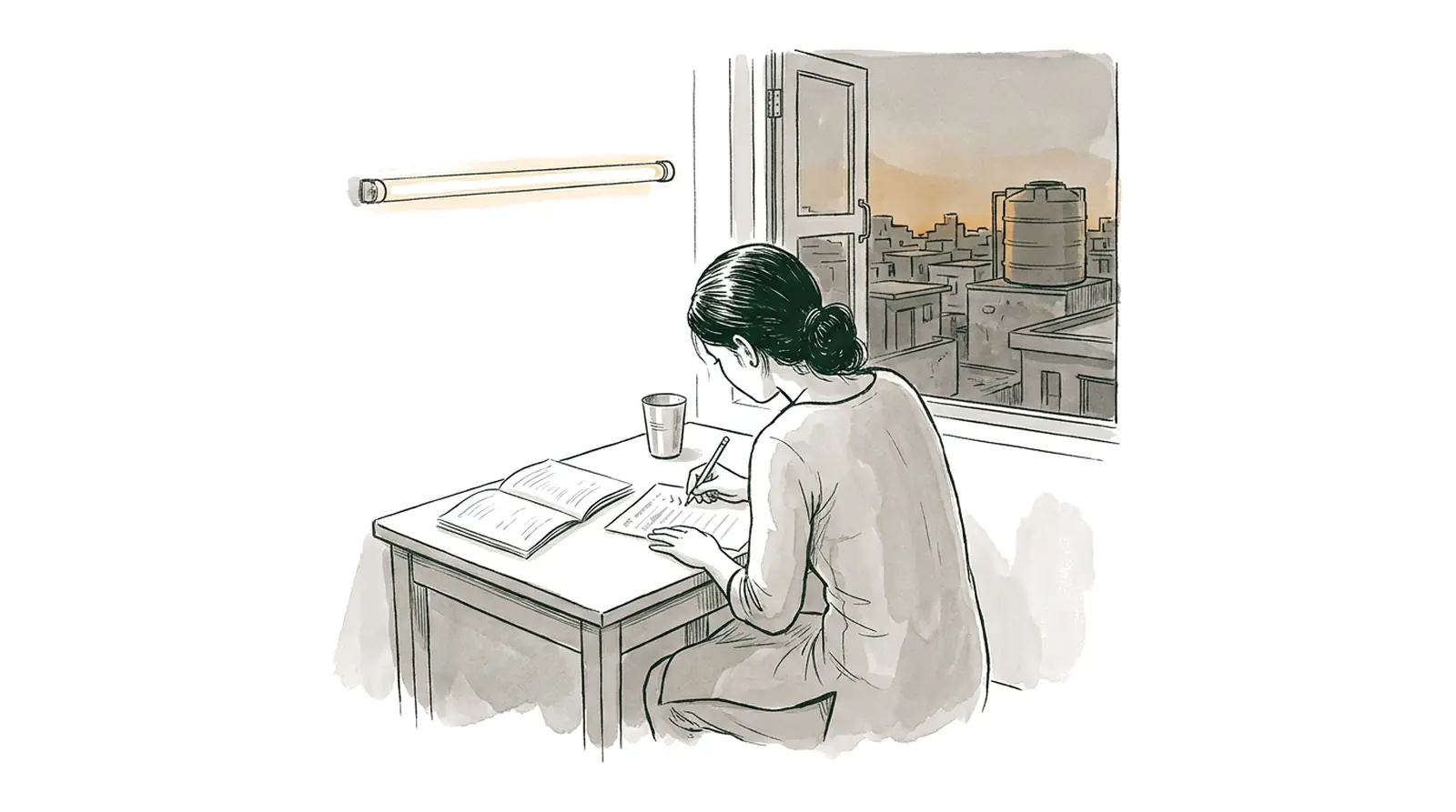 Drawing: a young woman marking her own practice answer sheet at a small table in the evening.