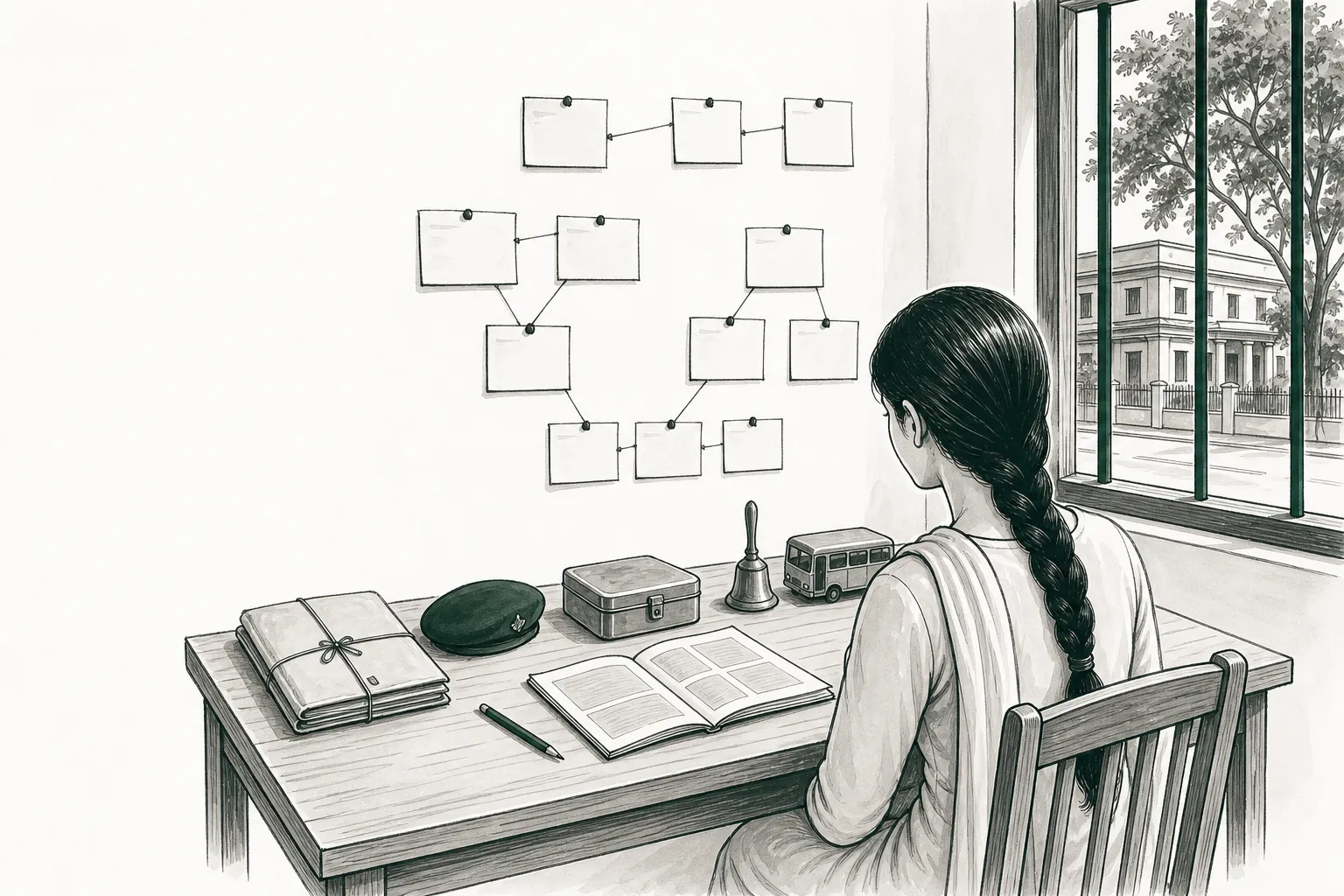 Drawing: a young woman at a study table looks at blank cards pinned in groups on the wall, with an office file, a police beret, a cash box, a school bell and a toy bus on the table.