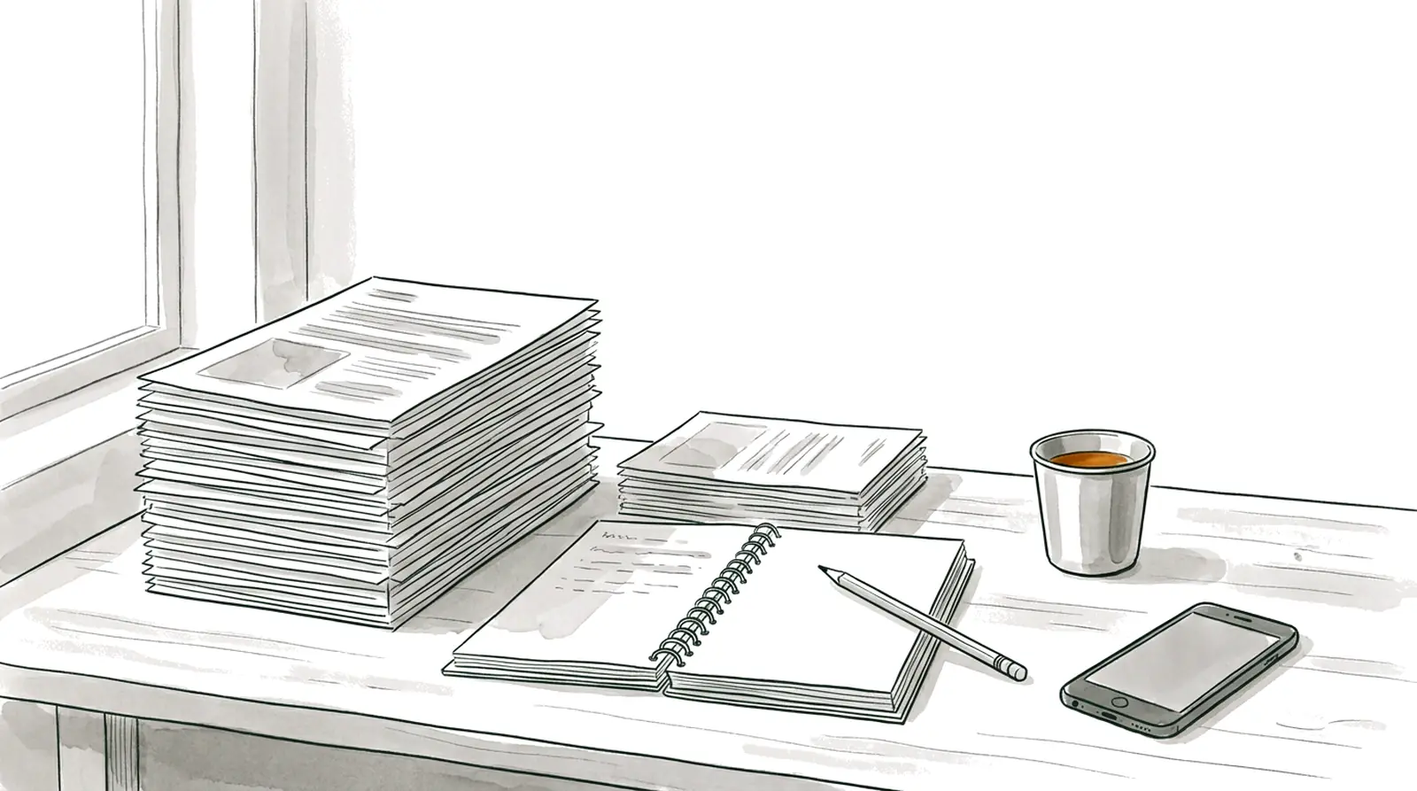 Drawing: two stacks of printed papers on a wooden desk, one taller than the other, with one open notebook and a pencil in front of them.