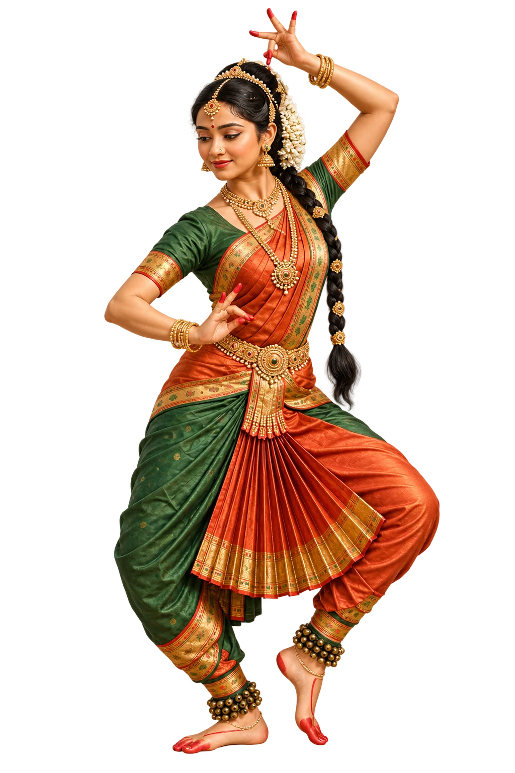 Kuchipudi dancer in a green and terracotta costume holding a poised stance