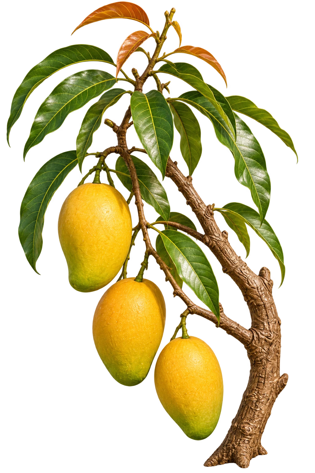 Three ripe Banaganapalle mangoes hanging from a leafy branch